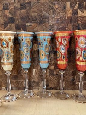 Vietri Hand-Painted Champagne Flutes in Cream, Blue, and Red with Gold Accents